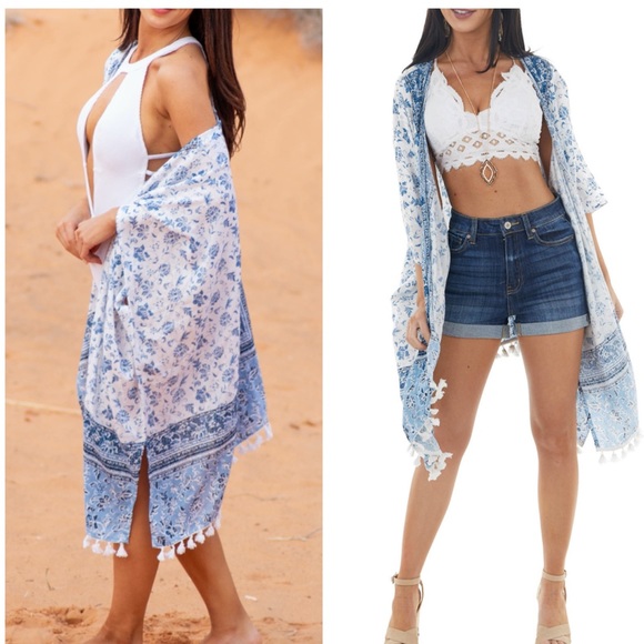 Blue & White Floral Tassel Kimono Wrap or Cover Up - Picture 2 of 4